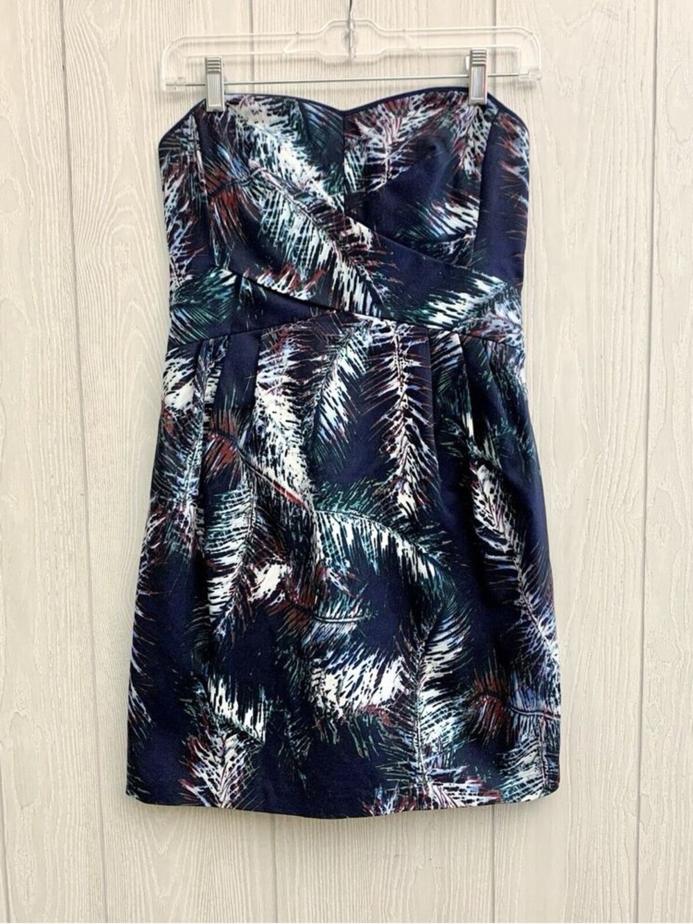 Strapless Navy Palm-Print Cocktail Dress
